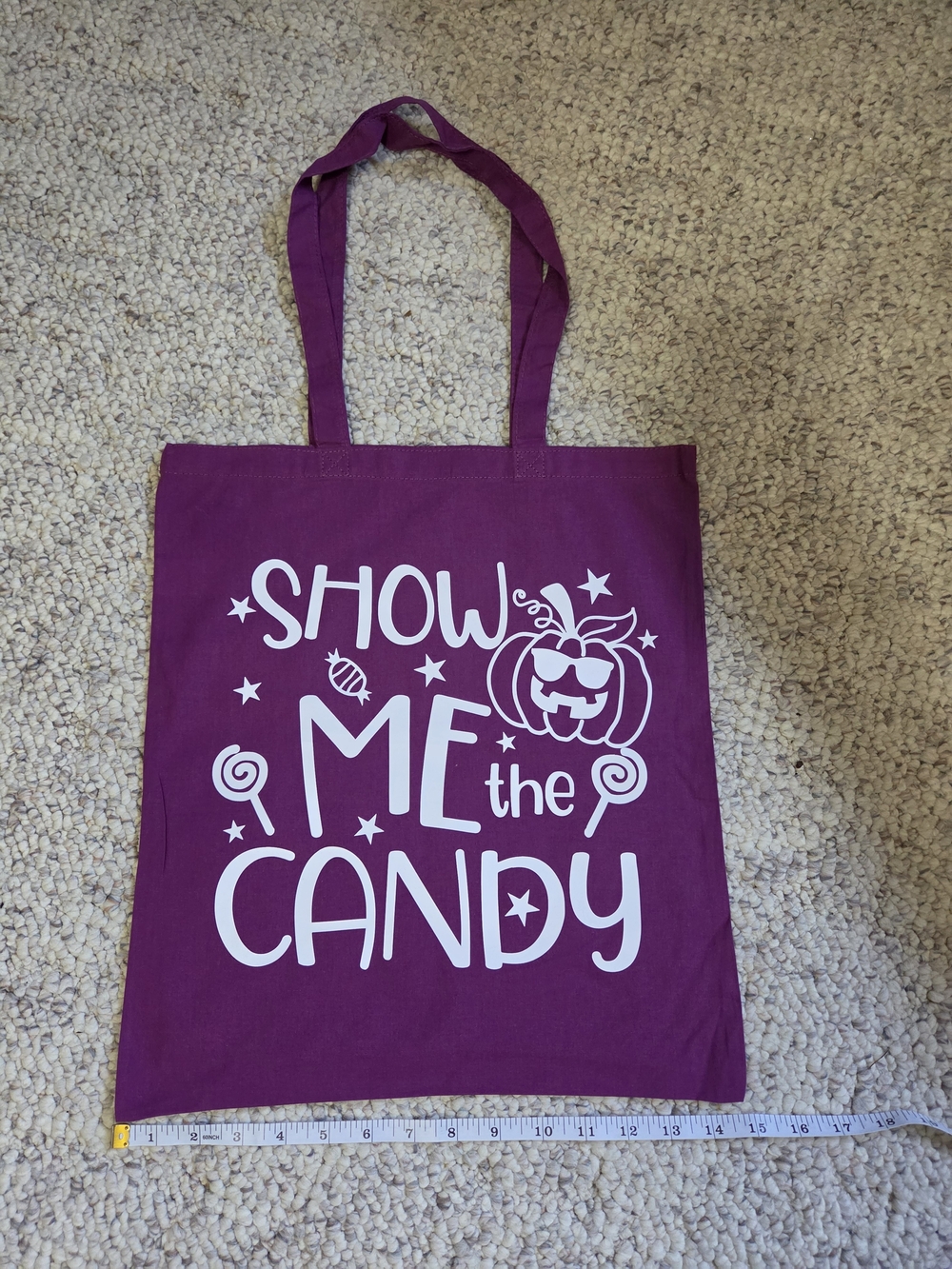 Purple Canvas Tote Bag with White 'Show Me The Candy' Graphic